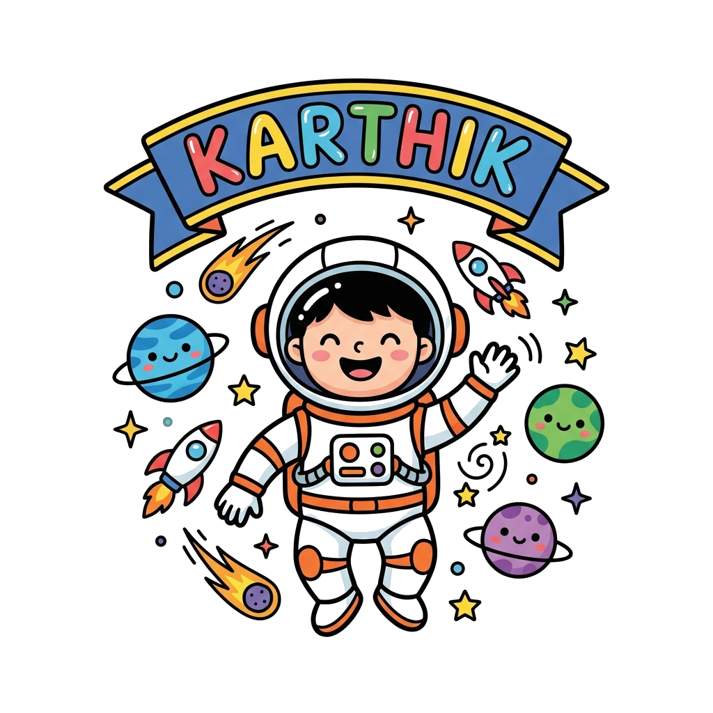 Custom design: A cute cartoon astronaut character floating happily in space, surrounded by friendly planets, twinkling stars, and a ...