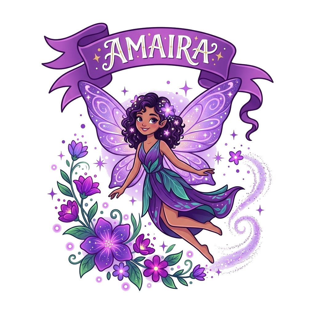Custom design: A whimsical illustration of a graceful fairy with shimmering purple wings, surrounded by glowing purple flowers and s...