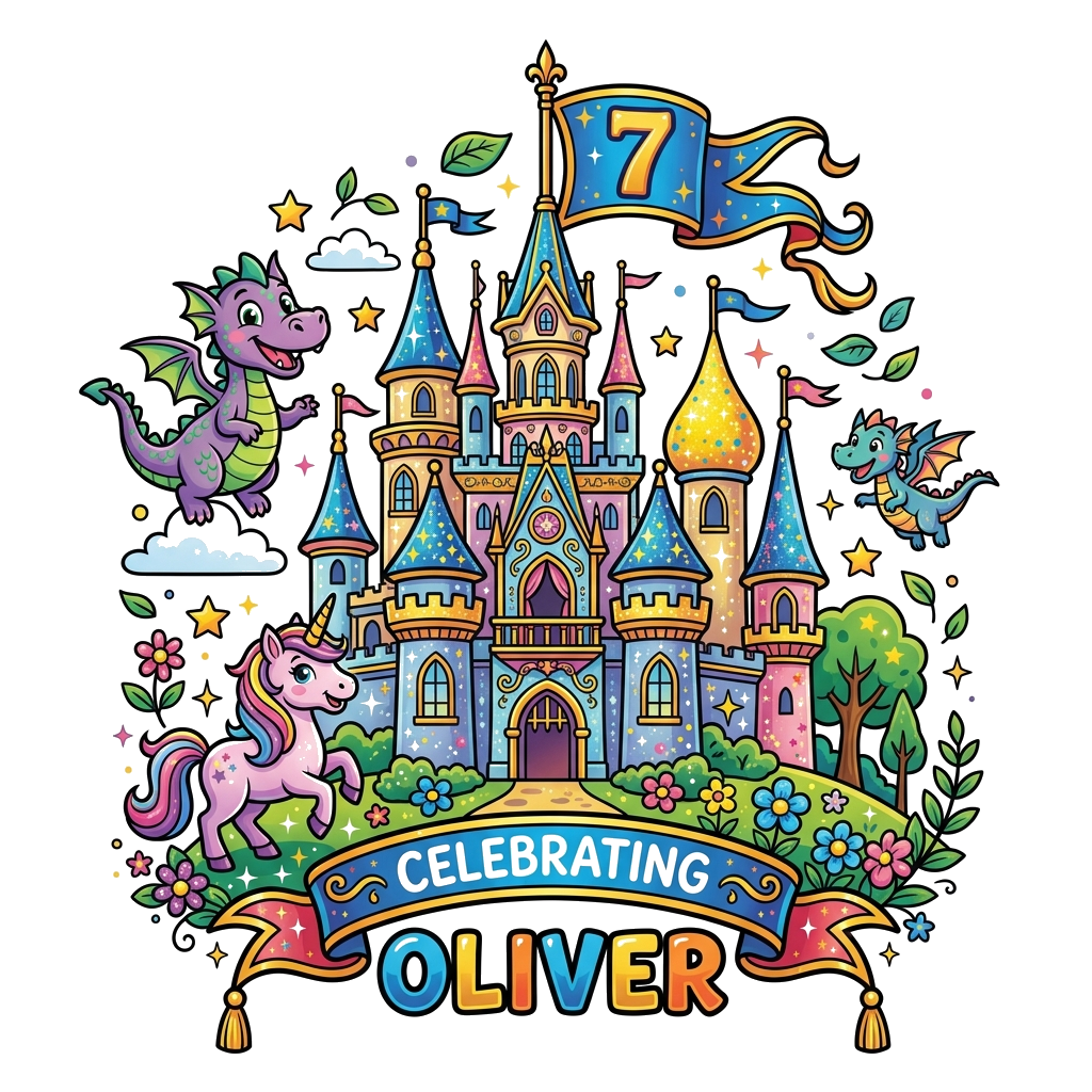 Custom design: A whimsical royal castle with glittering turrets and a large flag displaying the number '7', surrounded by magical cr...