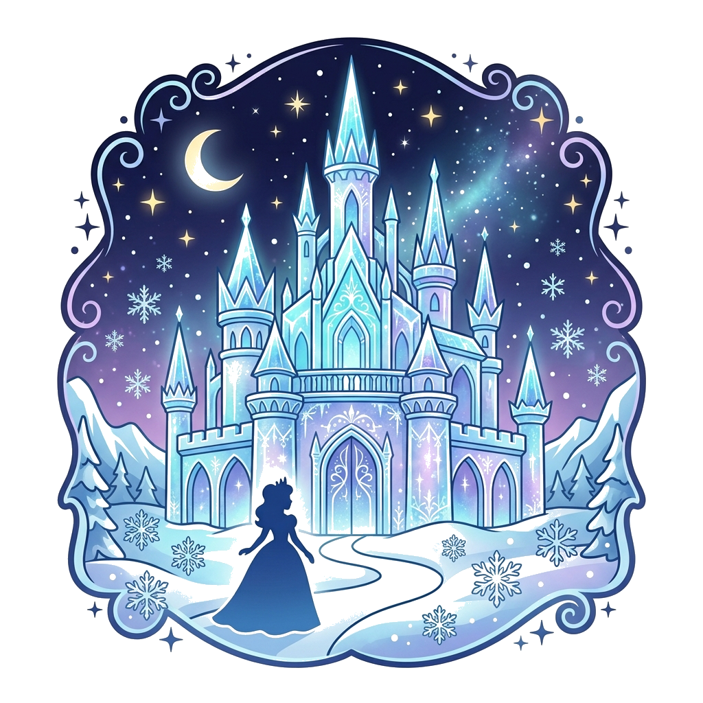 Custom design: An elegant and dreamy illustration of a shimmering ice castle under a starry night sky, with delicate snowflakes fall...