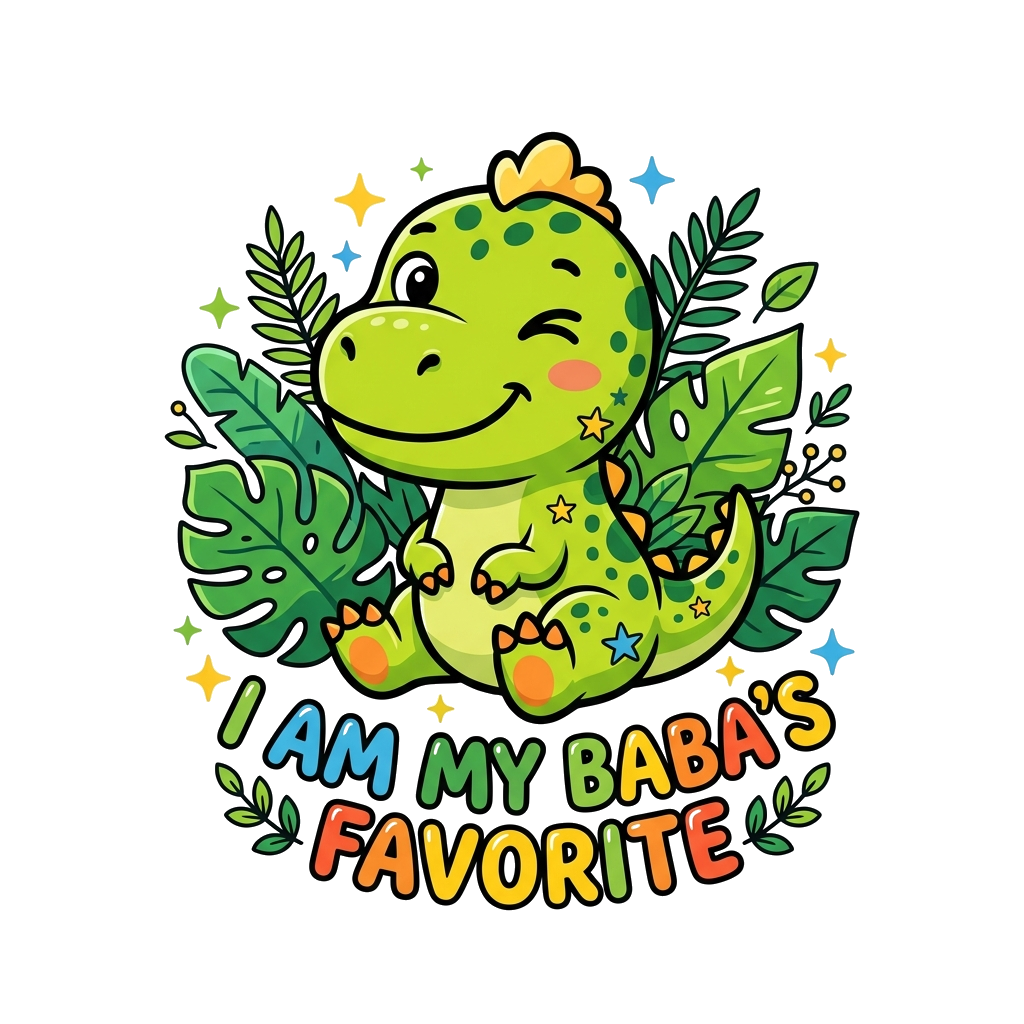 Custom design: A super cute baby T-Rex cartoon, winking and smiling, surrounded by jungle leaves and tiny stars, with the playful te...