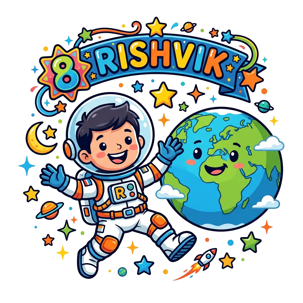 Custom design: A cute cartoon astronaut Rishvik, wearing a helmet and a big smile, floating happily in space next to a friendly, smi...