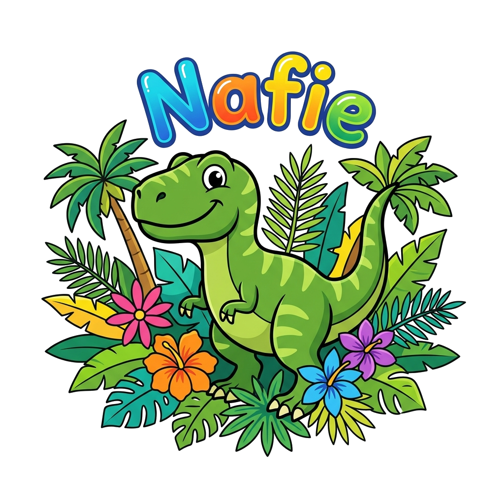 Custom design: A cheerful, vibrant cartoon T-Rex with friendly eyes, surrounded by lush jungle leaves and exotic flowers, with 'Nafi...