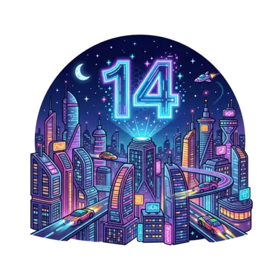 A vibrant, futuristic cityscape at night with glowing neon lights and flying vehicles, featuring a large, holographic '14' projected into the sky, in a detailed digital art style.
