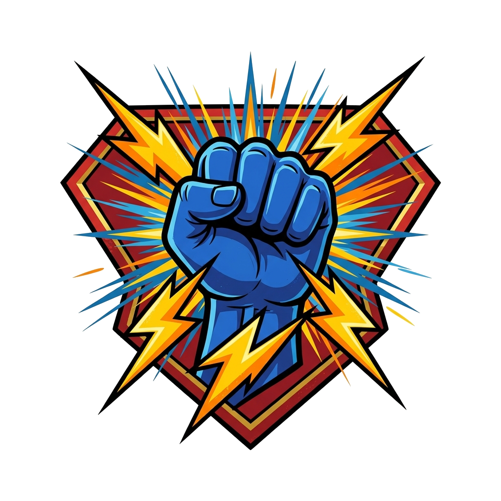 Custom design: A dynamic illustration of a stylized superhero emblem with lightning bolts and a strong fist, radiating power, in a b...