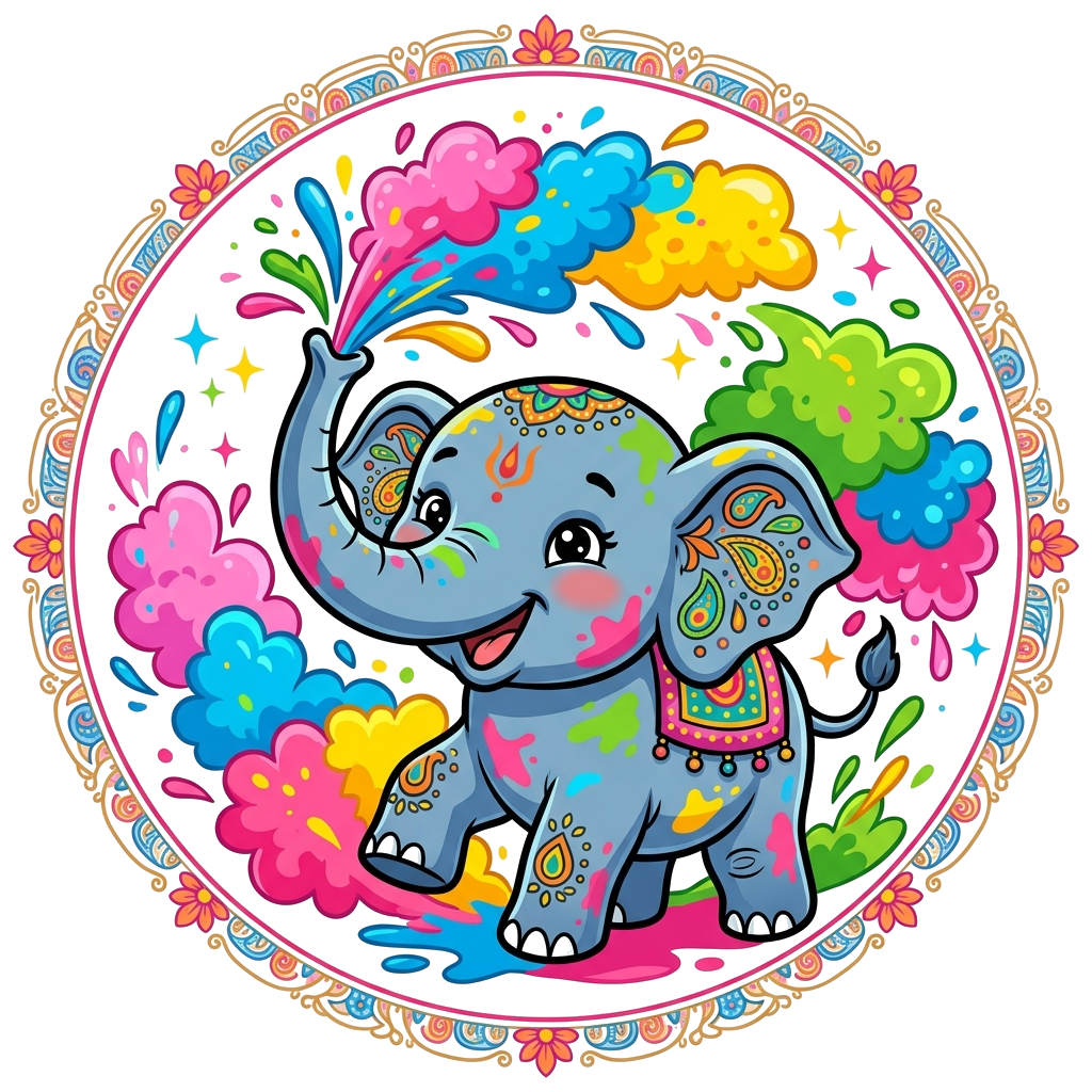 Custom design: A cheerful baby elephant splashing vibrant Holi gulal (powdered colors) with its trunk, surrounded by playful splashe...