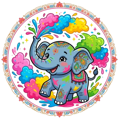 A cheerful baby elephant splashing vibrant Holi gulal (powdered colors) with its trunk, surrounded by playful splashes of pink, blue, yellow, and green, in a cute cartoon style with a subtle traditional Indian motif border.