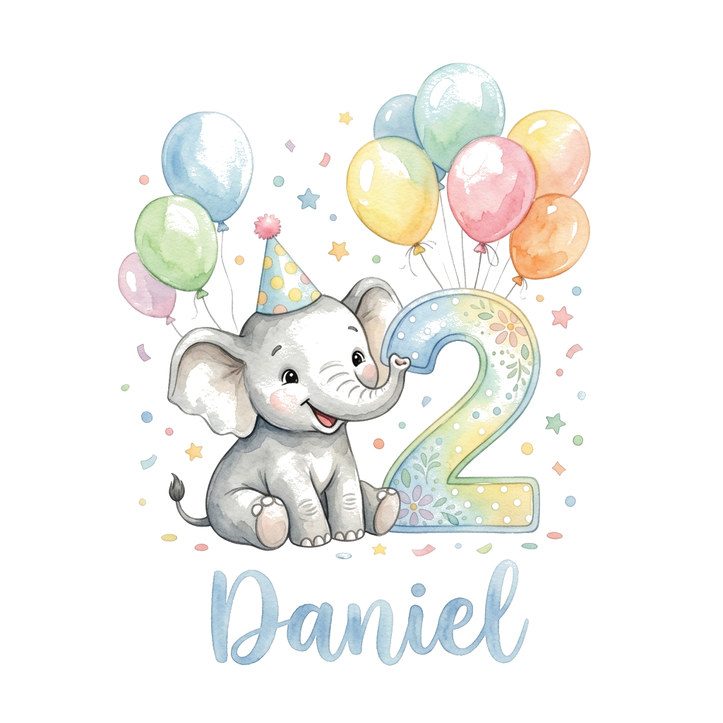 Custom design: A cheerful baby elephant wearing a small party hat, sitting next to a large number '2', surrounded by soft watercolor...