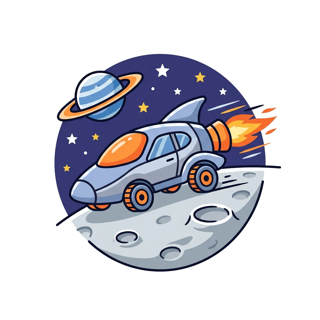 Custom design: A clean, minimalist illustration of a sleek rocket-powered car driving on a stylized moon surface. Features simple ge...
