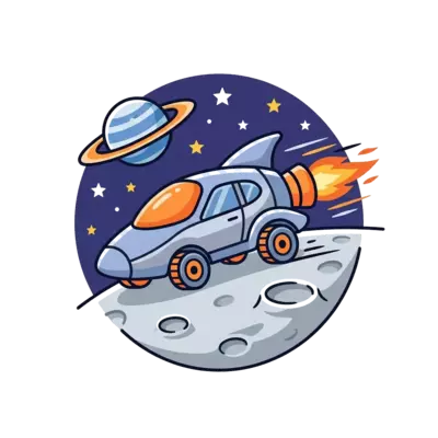A clean, minimalist illustration of a sleek rocket-powered car driving on a stylized moon surface. Features simple geometric stars and a single ringed planet in the background, with a modern, friendly color palette of soft blues, greys, and a pop of orange. Vector art style.