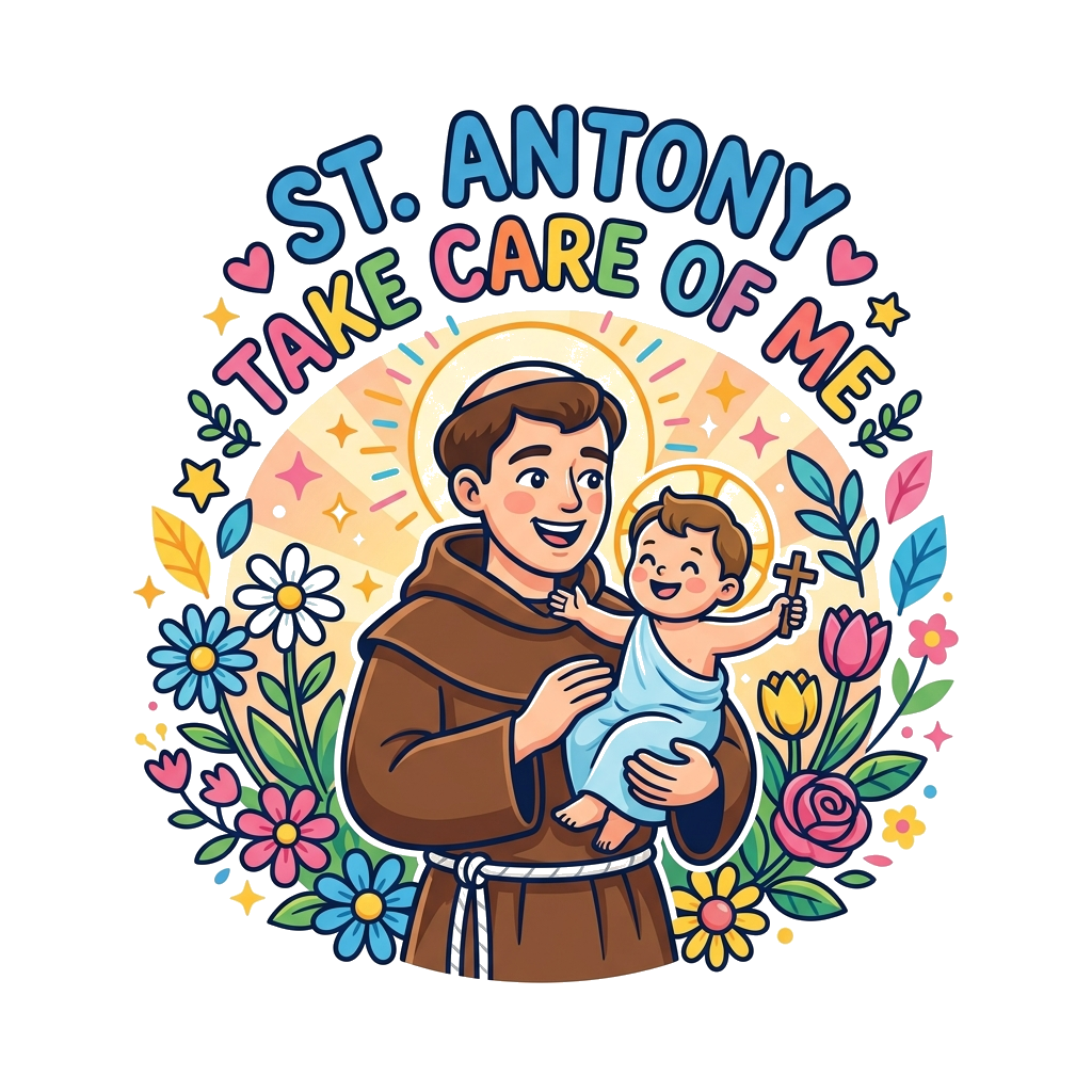 Custom design: A vibrant and playful cartoon illustration of a young St. Antony with a joyful Baby Jesus, surrounded by colorful flo...