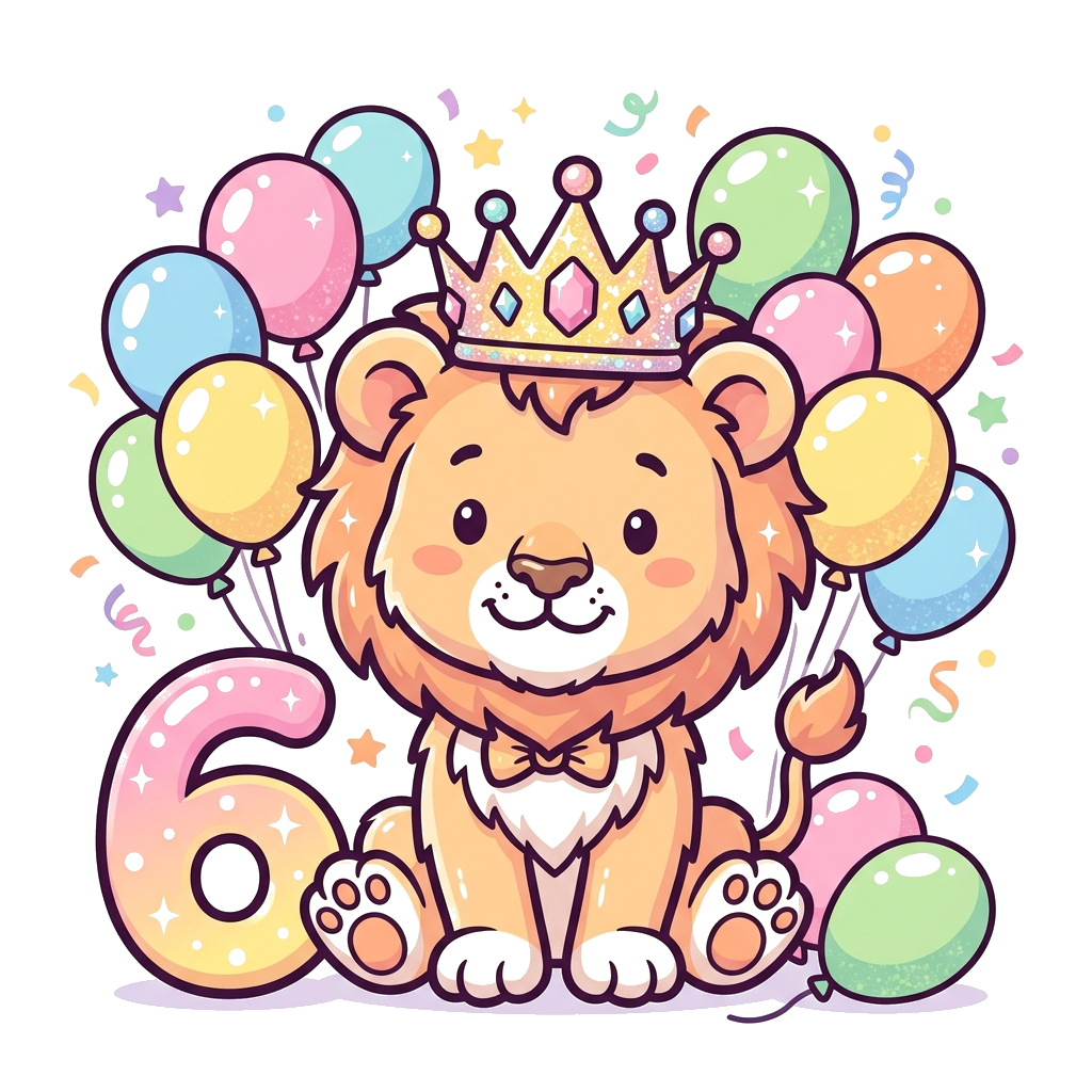 Custom design: A charming baby lioness wearing a sparkling birthday crown, surrounded by colorful balloons and confetti, with the nu...