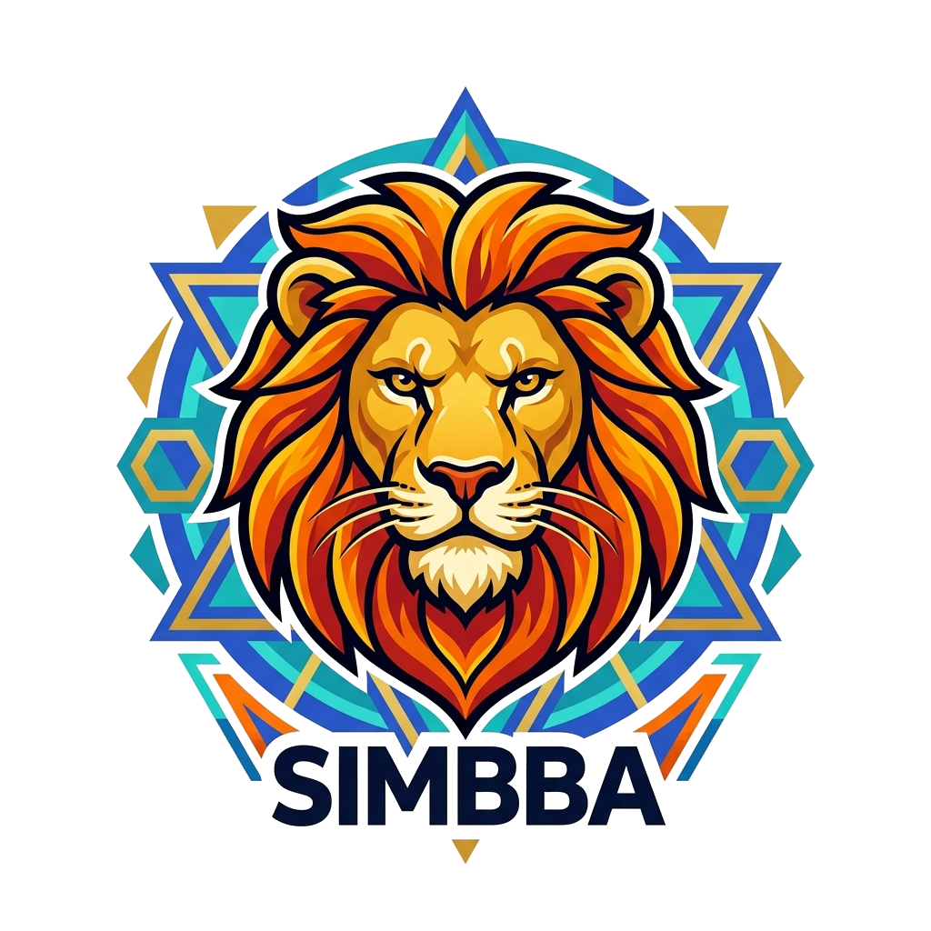 Custom design: A majestic, stylized cartoon lion head with a powerful gaze, vibrant golden and orange mane, set against a cool geome...