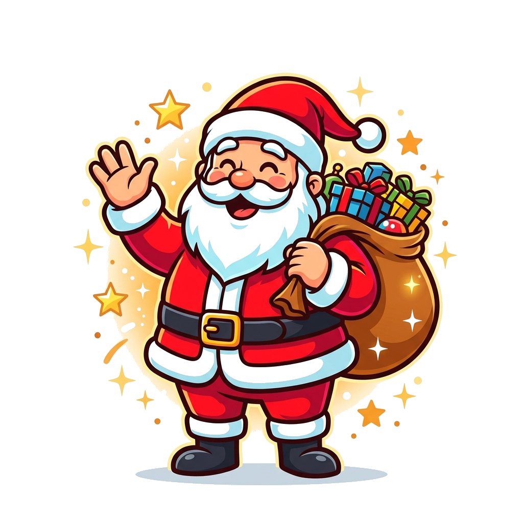 Custom design: A cheerful, jolly Santa Claus character illustration, holding a sack full of colorful gifts, surrounded by twinkling ...