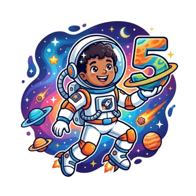 A cool cartoon astronaut in a sleek suit floating in deep space, holding a number '5' shaped like a planet, surrounded by stylized stars, comets, and a vibrant nebula, in a bold, graphic art style.