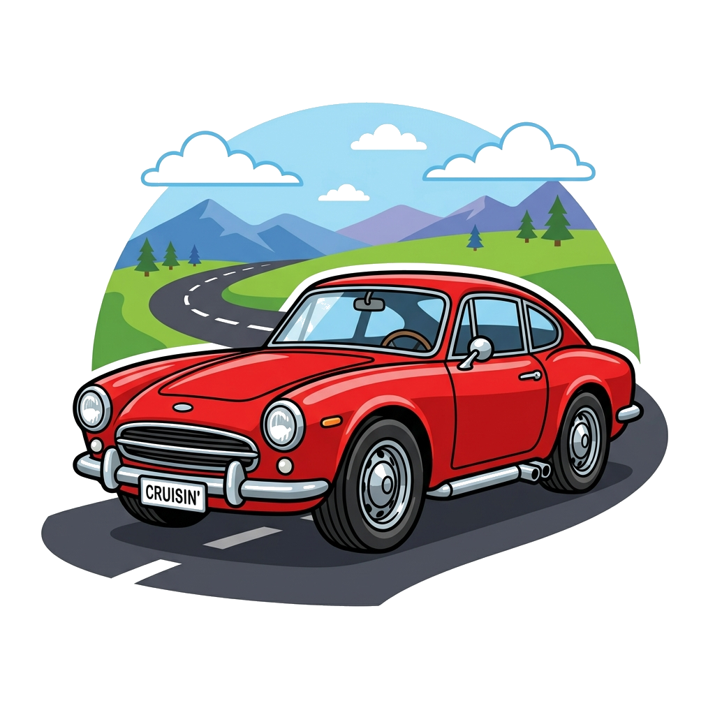 Custom design: A highly detailed illustration of a classic red sports car, shiny chrome accents, parked on a scenic road with a hint...