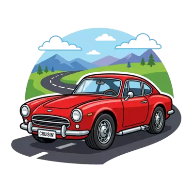 A highly detailed illustration of a classic red sports car, shiny chrome accents, parked on a scenic road with a hint of a mountain landscape in the background, vibrant and realistic style.