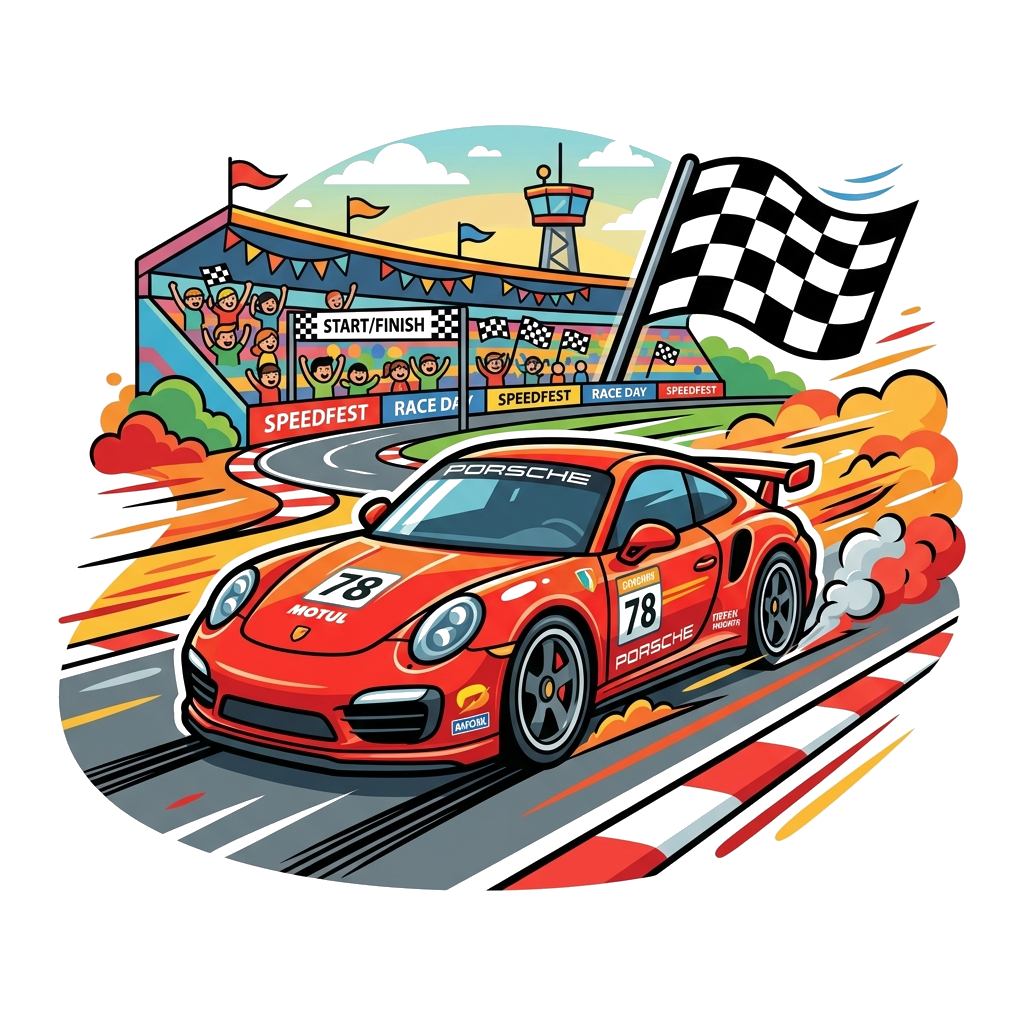 Custom design: A dynamic, bold red Porsche sports car speeding down a race track, with vibrant motion blur and stylized speed lines,...