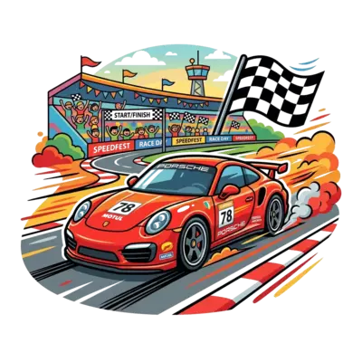 A dynamic, bold red Porsche sports car speeding down a race track, with vibrant motion blur and stylized speed lines, set against a colorful, graphic background of a grandstand and checkered flags, vector art style.
