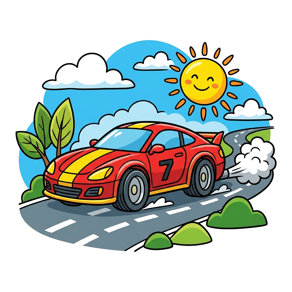 Custom design: A dynamic scene featuring a realistic red sports car racing down a road, with a bold blue sky and yellow sun in the b...