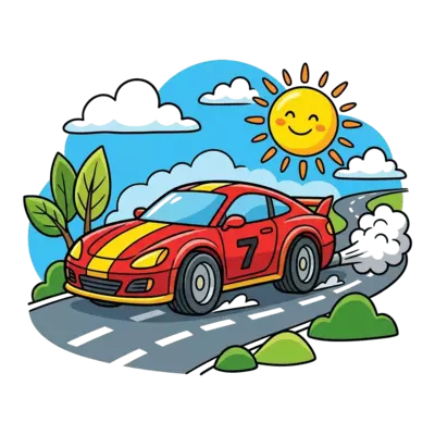 A dynamic scene featuring a realistic red sports car racing down a road, with a bold blue sky and yellow sun in the background, detailed and vibrant art style.