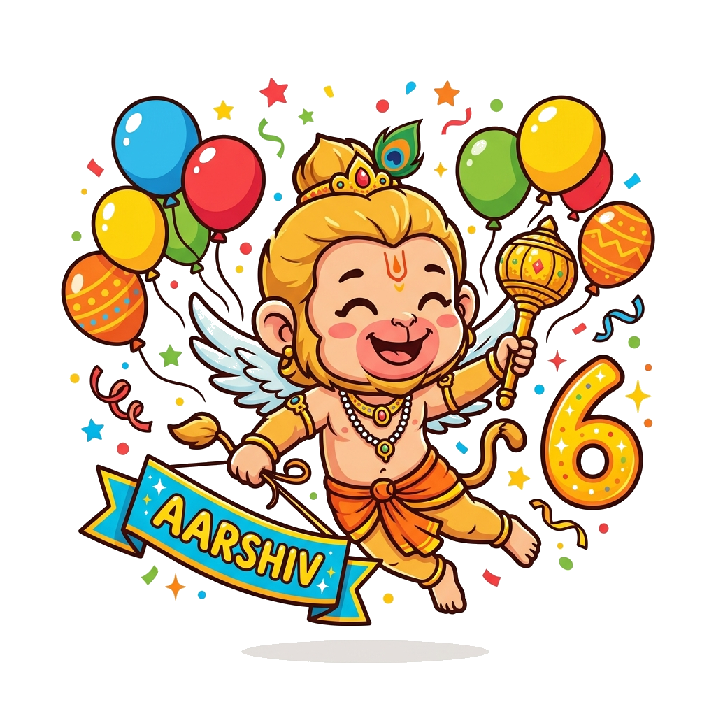 Custom design: A super cute, chibi-style cartoon Lord Hanuman flying joyfully with a golden mace, surrounded by vibrant birthday bal...