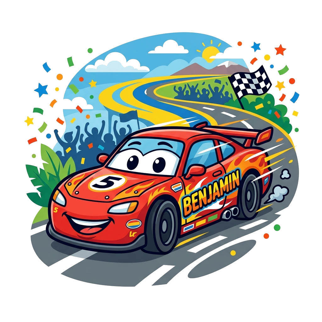 Custom design: A vibrant cartoon illustration of a happy red race car speeding down a track, with 'Benjamin' written in a cool, bold...