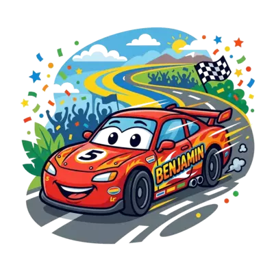 A vibrant cartoon illustration of a happy red race car speeding down a track, with 'Benjamin' written in a cool, bold font on its side, surrounded by colorful confetti and a dynamic background in bright blue and yellow.