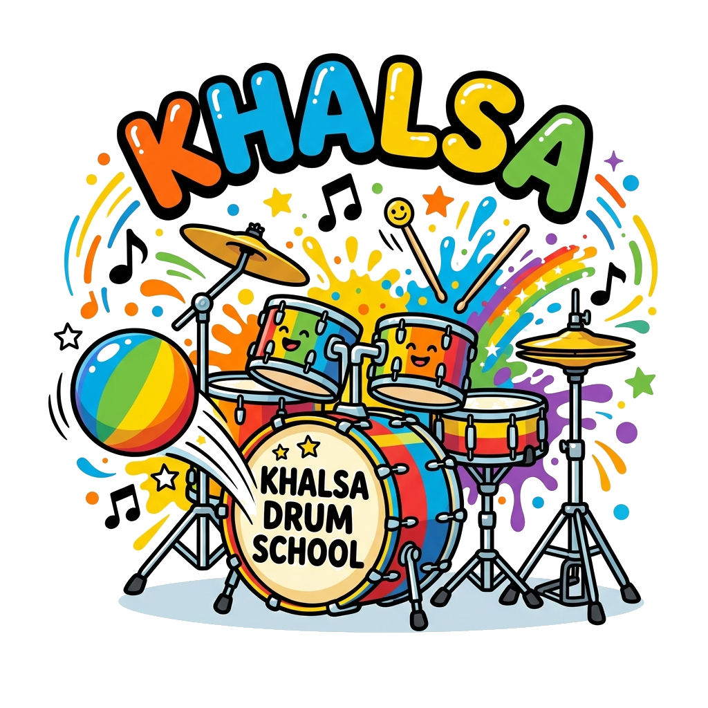 Custom design: A vibrant, artistic illustration depicting a cheerful drum set with a colorful ball bouncing nearby. The scene is fil...