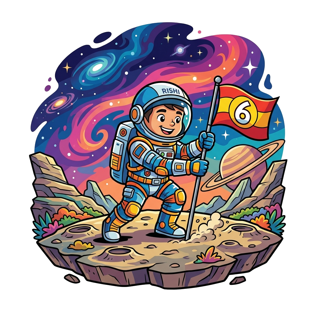 Custom design: A brave cartoon astronaut, with 'Rishi' subtly on his helmet, planting a flag with the number '6' on a rugged, alien ...