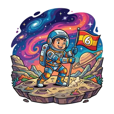 A brave cartoon astronaut, with 'Rishi' subtly on his helmet, planting a flag with the number '6' on a rugged, alien planet. The scene is full of vibrant, swirling nebulae and distant stars, in a bold and adventurous comic book art style.