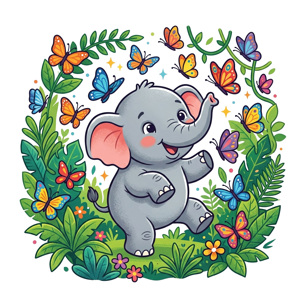 Custom design: A cute and chubby cartoon baby elephant playing with colorful butterflies in a lush green jungle, vibrant and friendl...