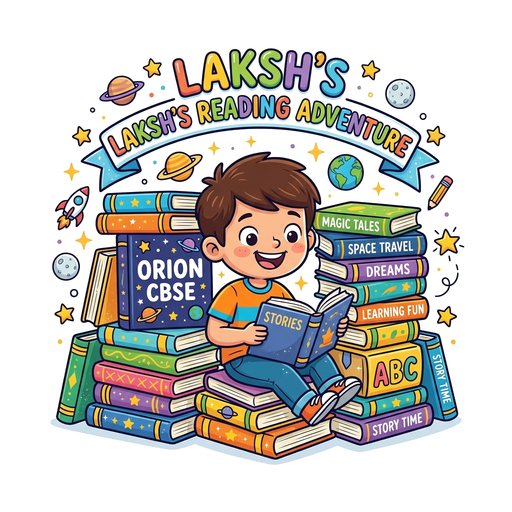 Custom design: A joyful cartoon scene with a child named Laksh, surrounded by a stack of colorful, whimsical books, with the text "O...