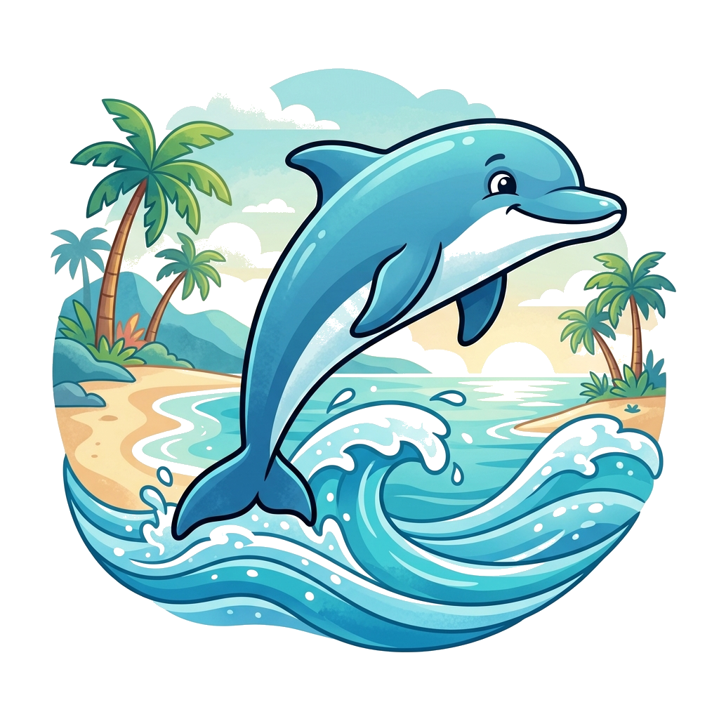 Custom design: A graceful cartoon dolphin leaping out of clear blue ocean waves, with a soft watercolor style beach and palm trees i...