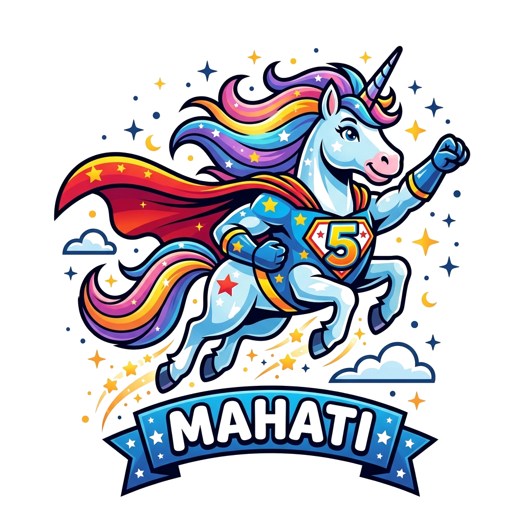 Custom design: A powerful superhero unicorn flying through a vibrant, star-filled sky, with a majestic mane and tail, wearing a cool...