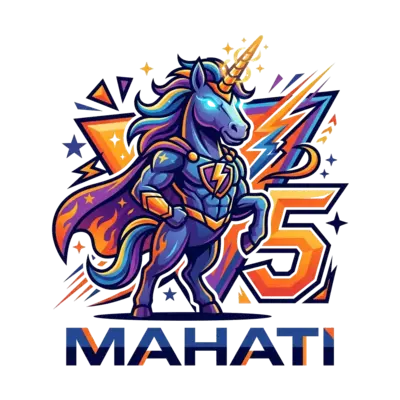 A fierce and elegant unicorn superhero striking a heroic pose, with glowing eyes and a shimmering horn, surrounded by abstract, bold geometric shapes and a prominent number 5, in a graphic novel art style, 'Mahati' in a modern, strong font.