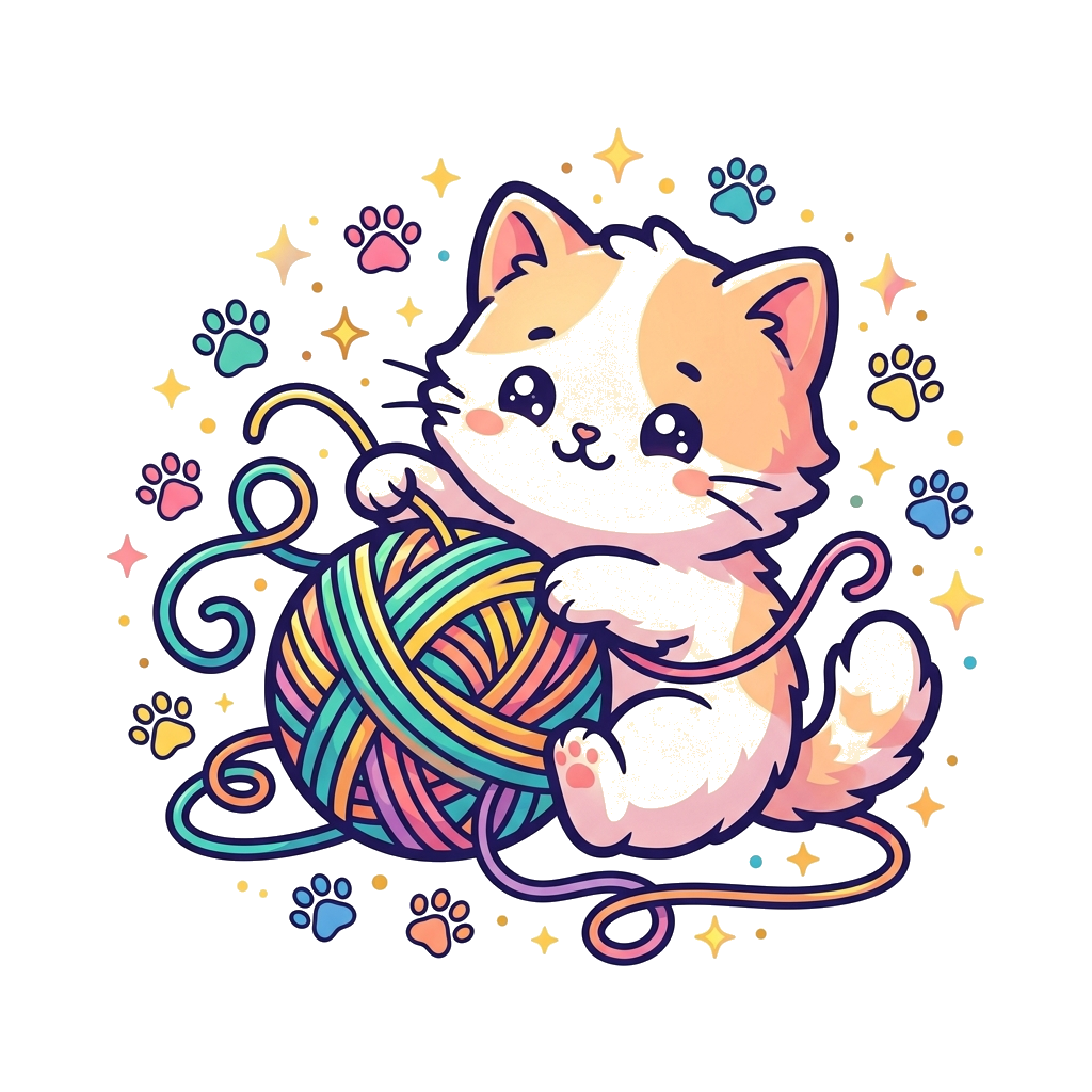 Custom design: A super cute, fluffy cartoon kitten playing with a colorful ball of yarn, surrounded by tiny paw prints and sparkling...