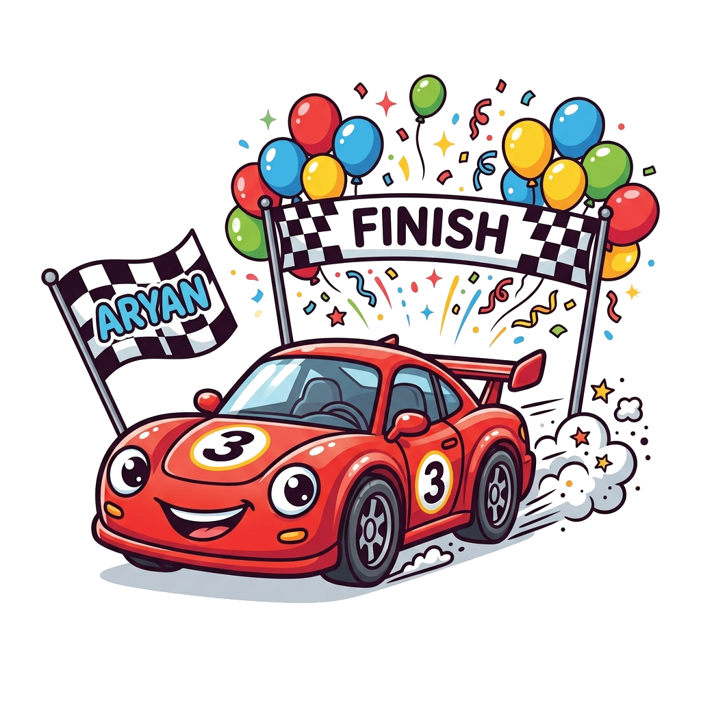 Custom design: A cheerful, cute cartoon red race car with big friendly eyes, number '3' on its side, speeding across a finish line d...