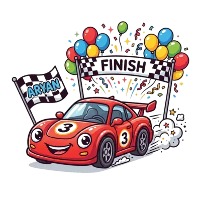 A cheerful, cute cartoon red race car with big friendly eyes, number '3' on its side, speeding across a finish line decorated with colorful balloons and confetti. The name 'Aryan' is playfully written on a small checkered flag. Vibrant, detailed cartoon style.