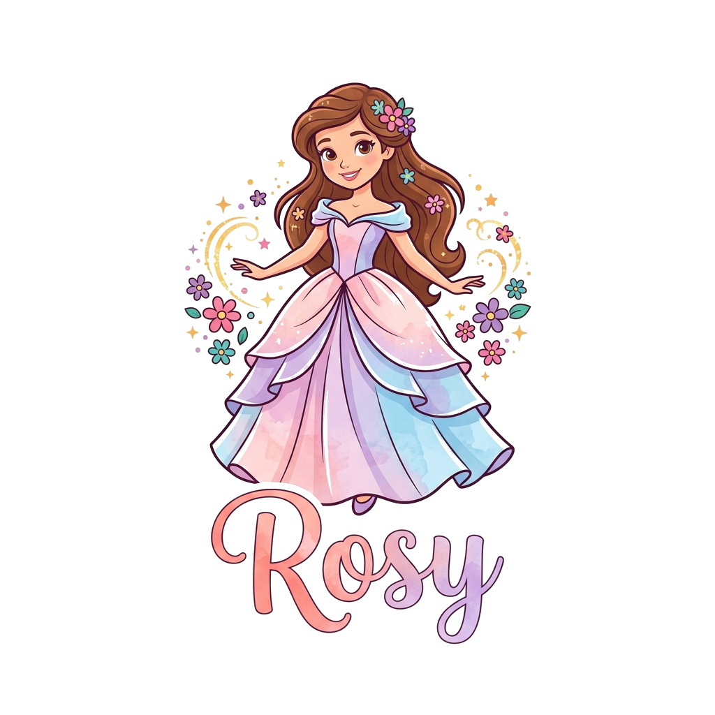 Custom design: A whimsical illustration of a diverse cartoon princess with flowing hair, wearing a pastel gown, surrounded by magica...