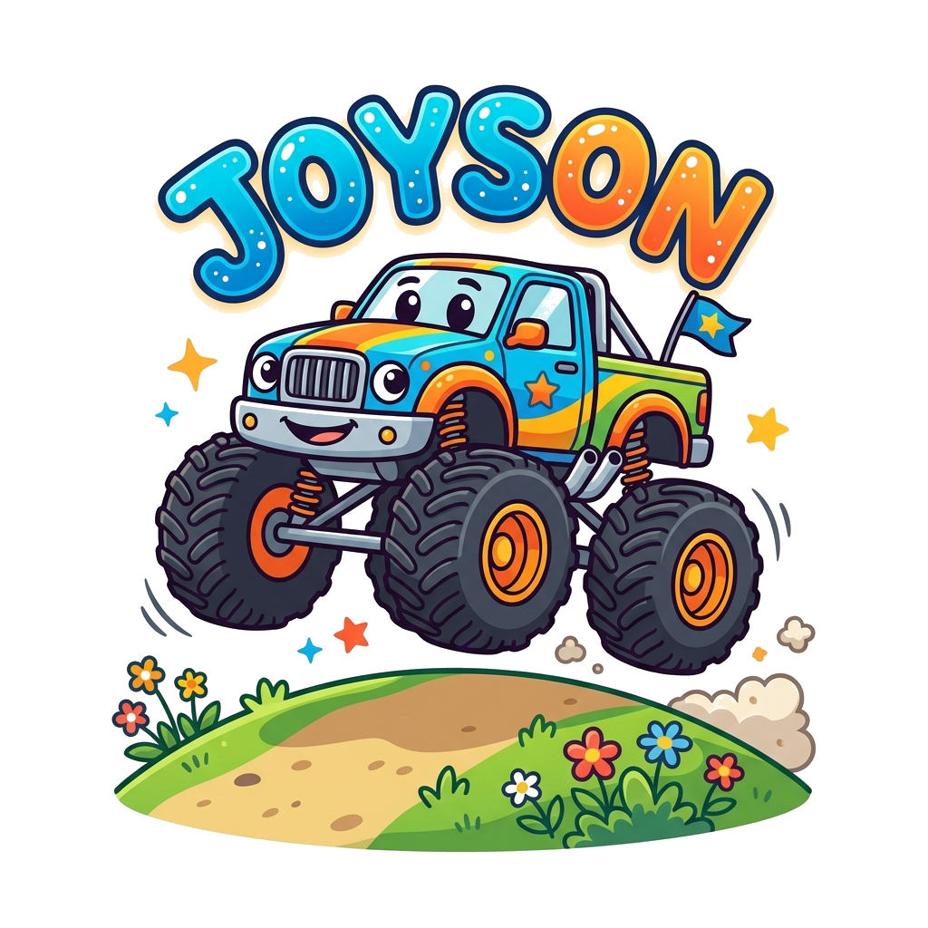 Custom design: A cheerful cartoon monster truck with big friendly eyes, happily jumping over a hill, with the name 'Joyson' playfull...