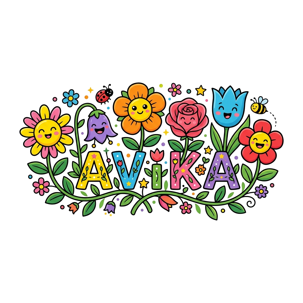 Custom design: A whimsical garden scene with various cute, smiling cartoon flowers in vibrant colors, with the name 'AVIKA' playfull...