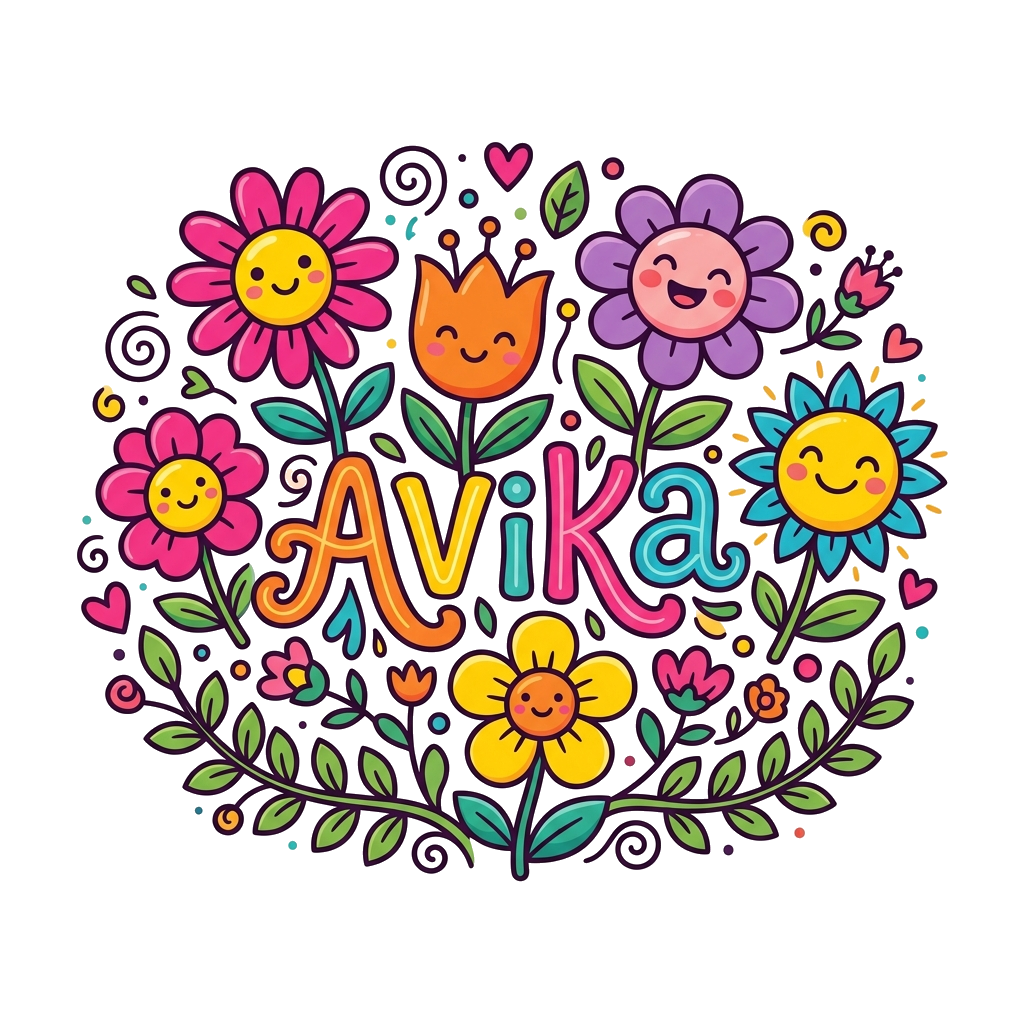 Custom design: A whimsical garden scene with various cute, smiling cartoon flowers in vibrant colors, with the name 'AVIKA' playfull...