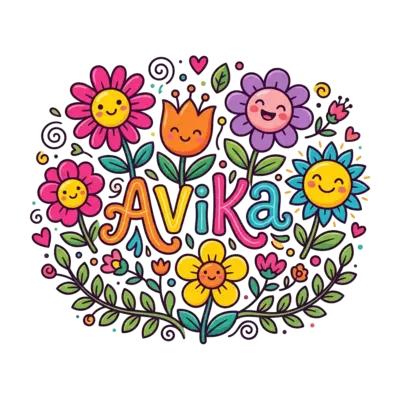 A whimsical garden scene with various cute, smiling cartoon flowers in vibrant colors, with the name 'AVIKA' playfully integrated among the blossoms, bright and cheerful style, no background.