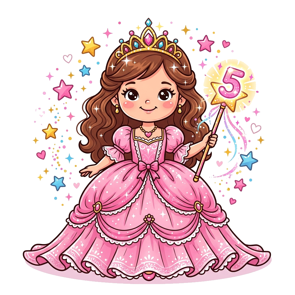 Custom design: A charming, cute cartoon princess with a sparkling tiara and a puffy pink gown, holding a magical wand with a glowing...