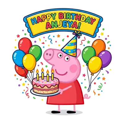 A cheerful classic cartoon illustration of Peppa Pig wearing a party hat, holding a delicious birthday cake with four lit candles, and a banner above her head that reads "Happy Birthday Anjeya!", surrounded by colorful balloons and confetti.