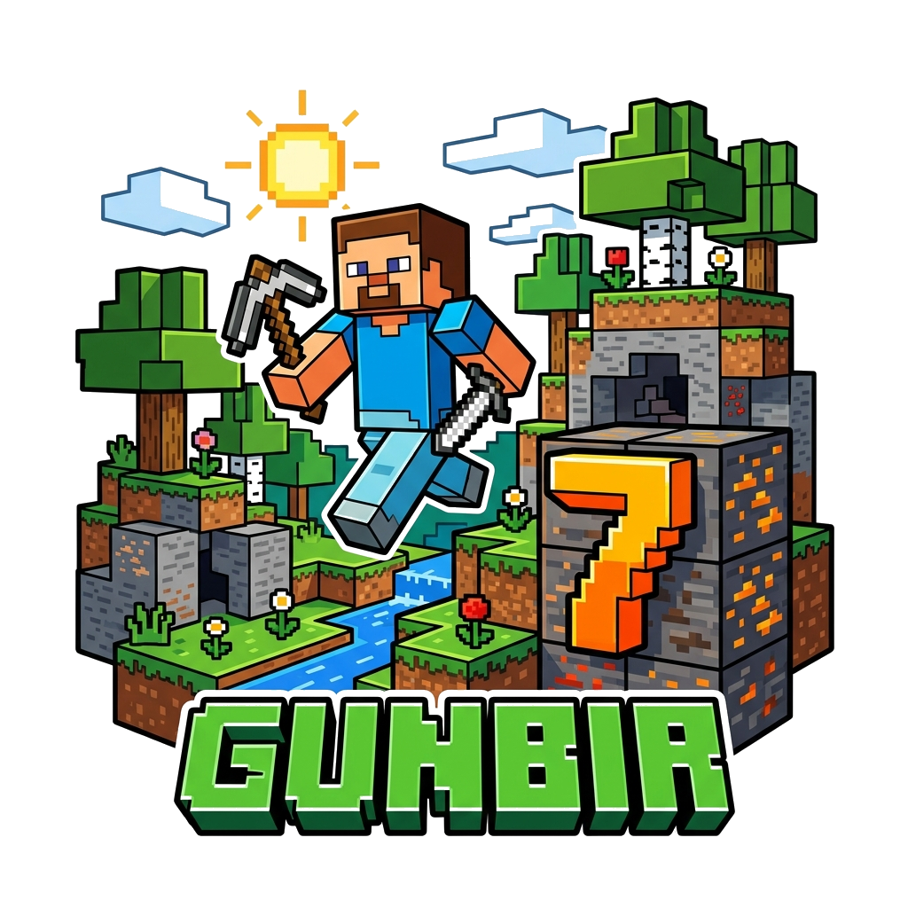 Custom design: A bold and cool pixel-art illustration of a Minecraft character (like Steve or Alex) adventuring in a blocky landscap...