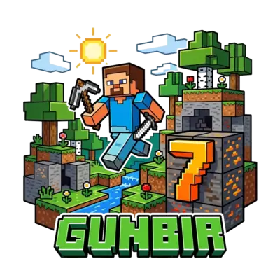 A bold and cool pixel-art illustration of a Minecraft character (like Steve or Alex) adventuring in a blocky landscape, with the number '7' incorporated into a pixelated block and 'Gunbir' in a classic Minecraft font, vibrant and action-packed.