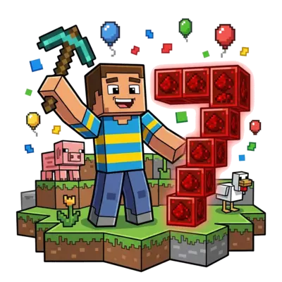 A cheerful pixel art illustration of a blocky character (representing Gunbir) in a Minecraft world, holding a diamond pickaxe, standing proudly next to a large number '7' made of glowing redstone blocks. Pixelated party confetti and balloons float around, with friendly Minecraft mobs like a pig and a chicken in the background, vibrant and playful cartoon style.