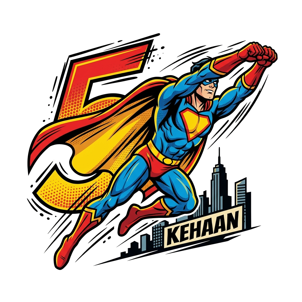 Custom design: A classic comic book style illustration of a powerful superhero flying, with a large number '5' integrated into the b...